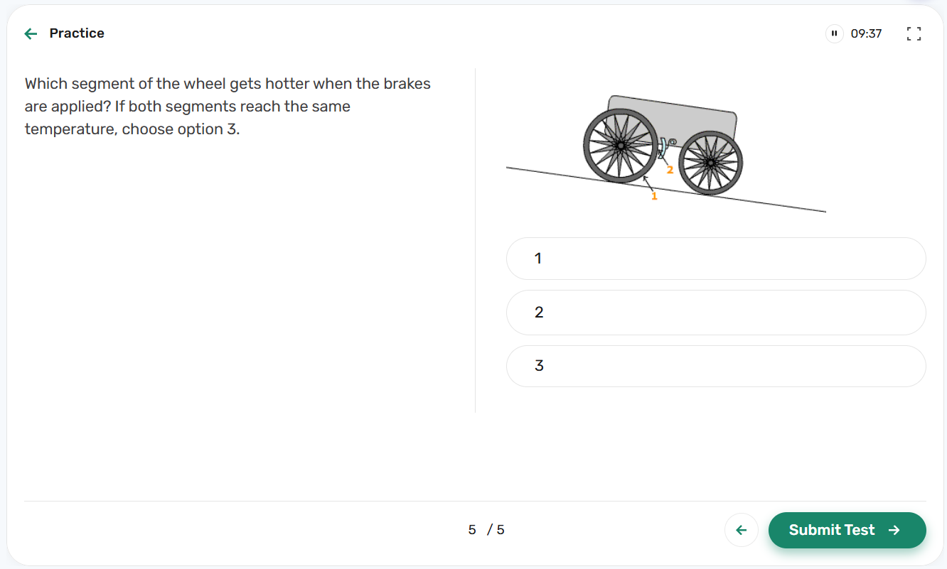 IBEW Aptitude Test Prep Course - Mechanical practice question in the IBEW Adaptive PrepPack asking which segment of a braking wheel gets hotter