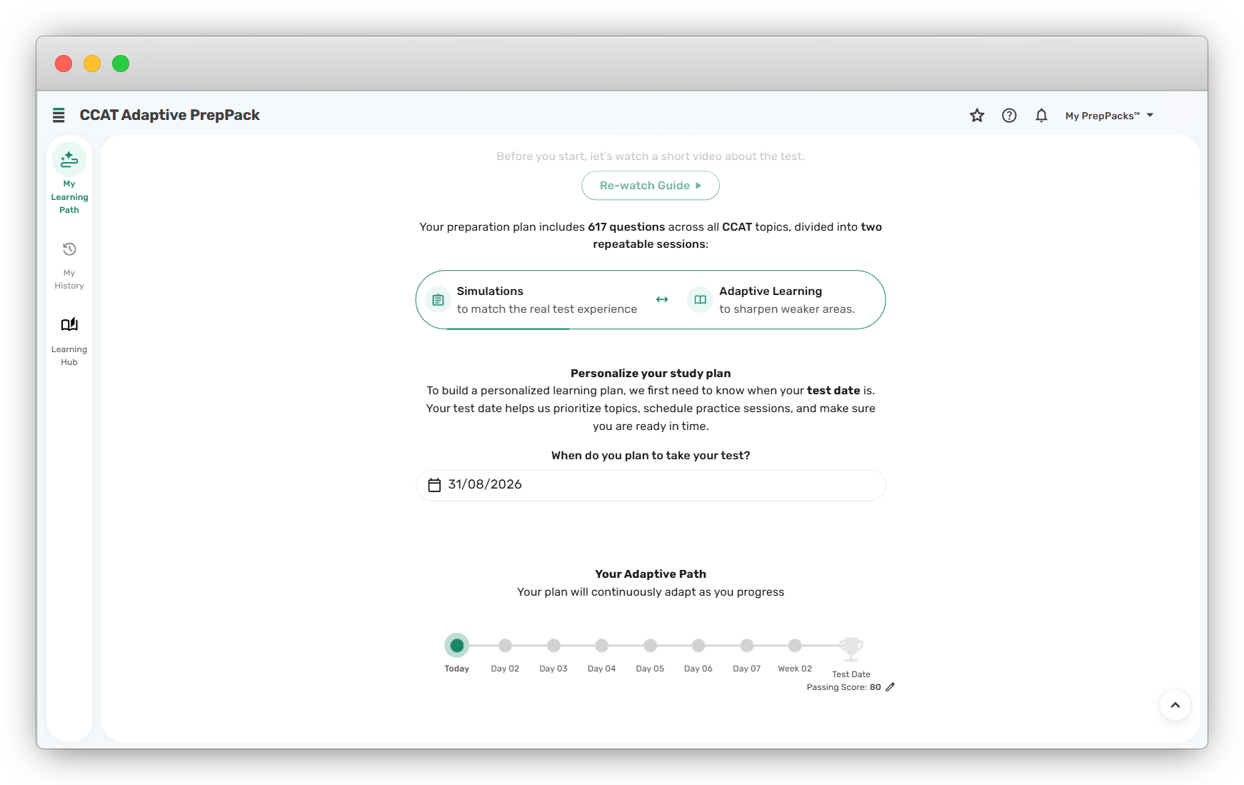 Setting up the CCAT AI Adaptive PrepPack™: the plan covers all CCAT topics in simulations and adaptive learning sessions; you enter your test date and get an adaptive path from today to test day, with an adjustable passing score