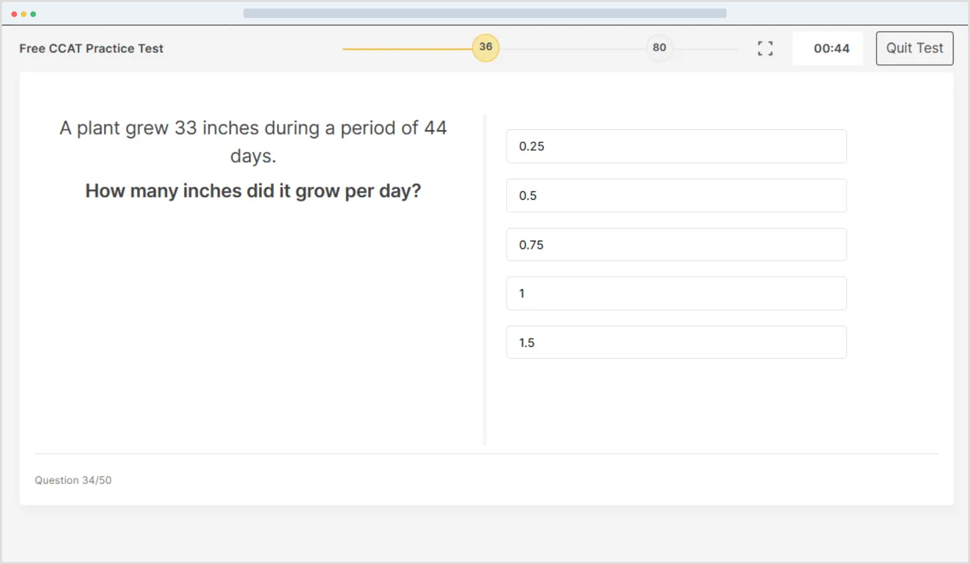 Question screen of the free CCAT practice test showing a word problem with five answer options, the question counter at 34 of 50, and 44 seconds left on the clock