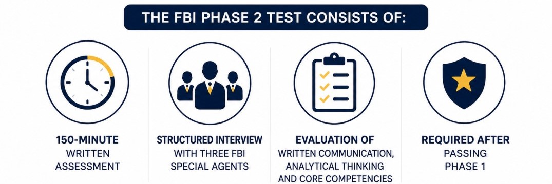 FBI Phase 2 Test overview showing the written assessment and structured interview for Special Agent applicants