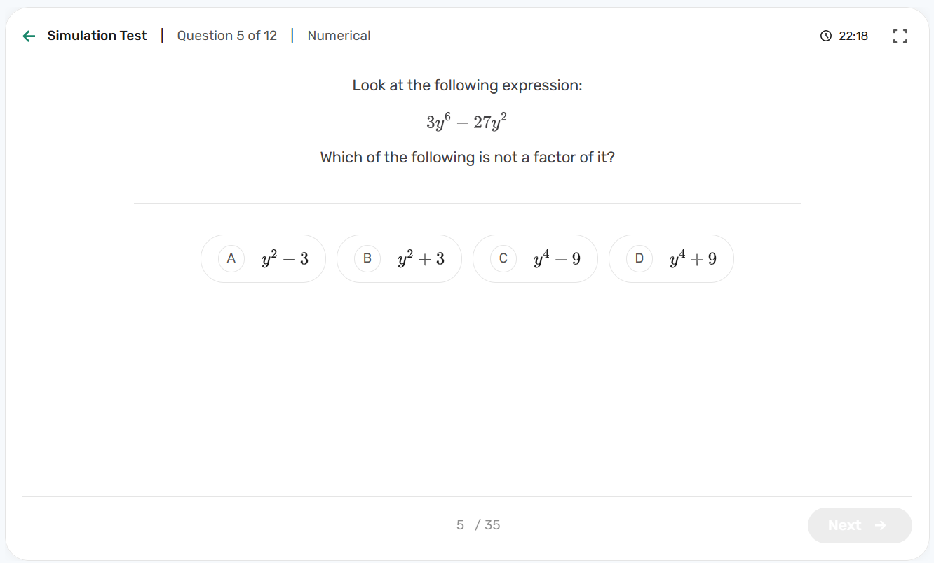 Math question in an IBEW Adaptive PrepPack timed simulation asking which expression is not a factor of 3y⁶ - 27y²