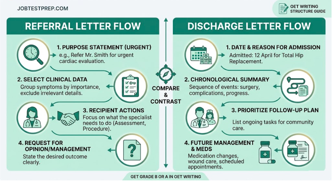 Diagram comparing OET Writing structure for referral and discharge letters