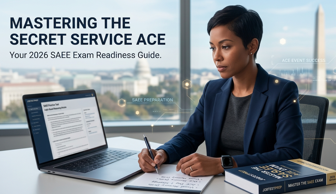 A professional candidate using the JobTestPrep 'Master the SAEE Exam' 2026 guide and laptop modules to prepare for a Secret Service ACE event, with a view of the Washington D.C. skyline through a window