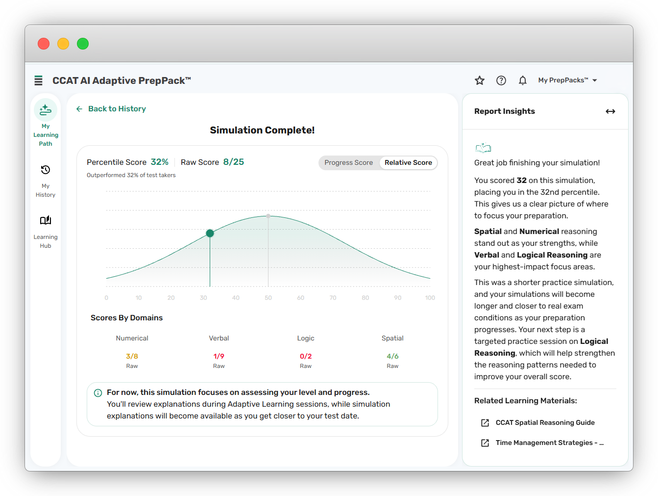 Simulation report in the CCAT AI Adaptive PrepPack showing the percentile score, the raw score, the score for each domain, and an insights panel naming the strengths, the focus areas, and the recommended next session