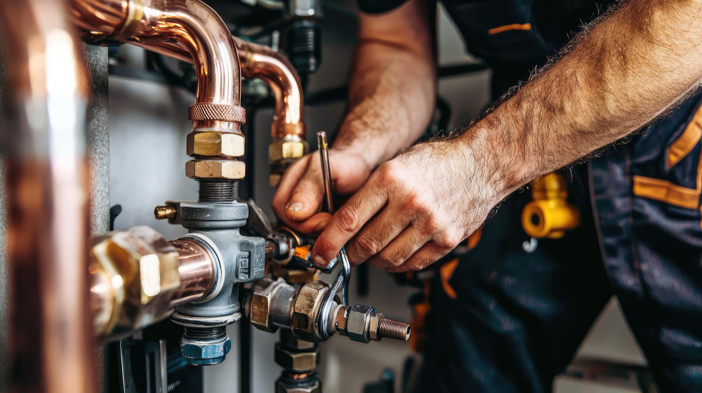 red seal plumber at work with water pipes