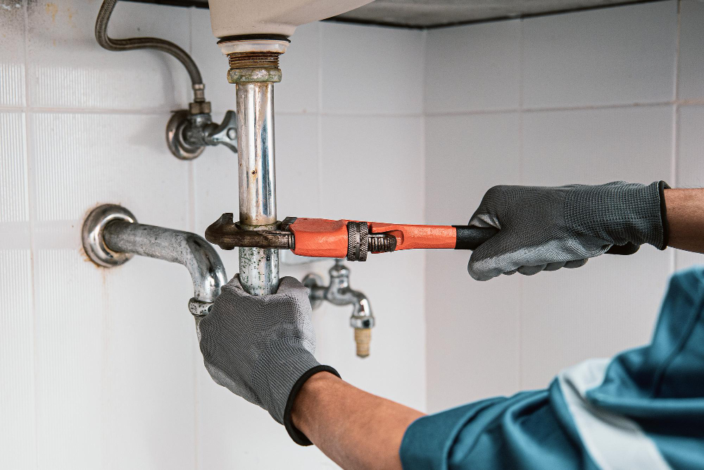 plumber journeyman fixing sink pipe