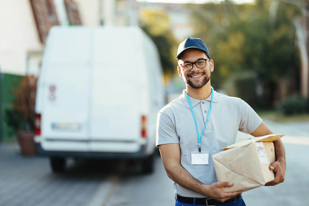 mail carrier outside his delivery car 