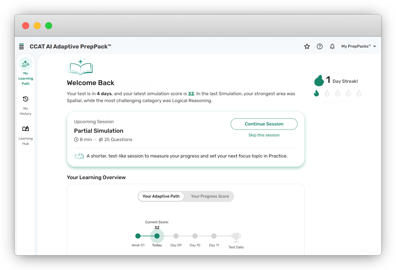 Learning path in the CCAT AI Adaptive PrepPack showing the days left until the test, the strongest and most challenging categories from the last simulation, the upcoming partial simulation with its length and question count, and a timeline from week one to test day with the current score
