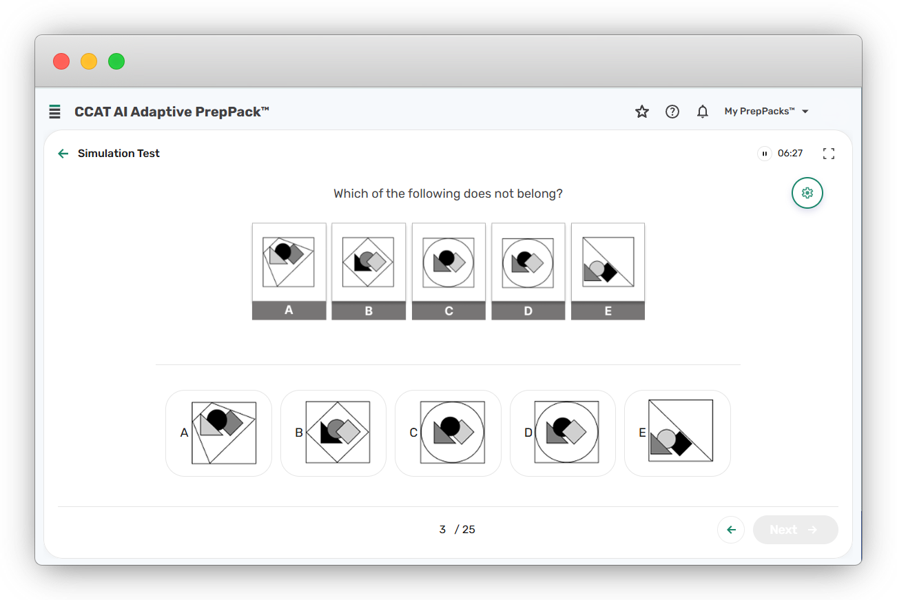 Simulation screen in the CCAT AI Adaptive PrepPack asking which of five shapes does not belong, with a running countdown, the question counter at 3 of 25, and the five options lettered A to E