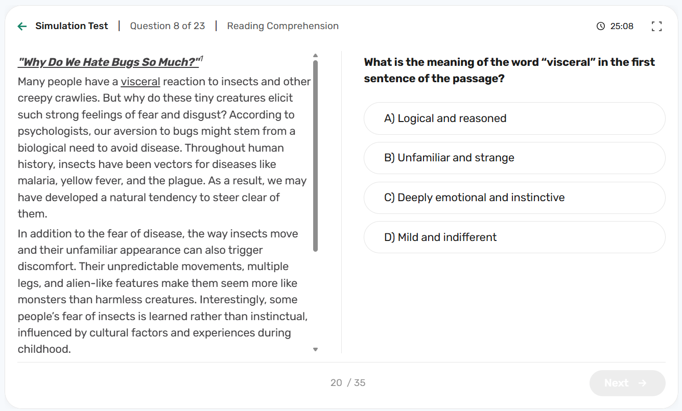 IBEW Aptitude Test Prep Course - Reading comprehension question in an IBEW Adaptive PrepPack timed simulation asking the meaning of the word visceral in a passage