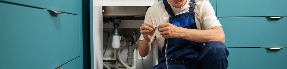 master plumber at work with tools and pipes