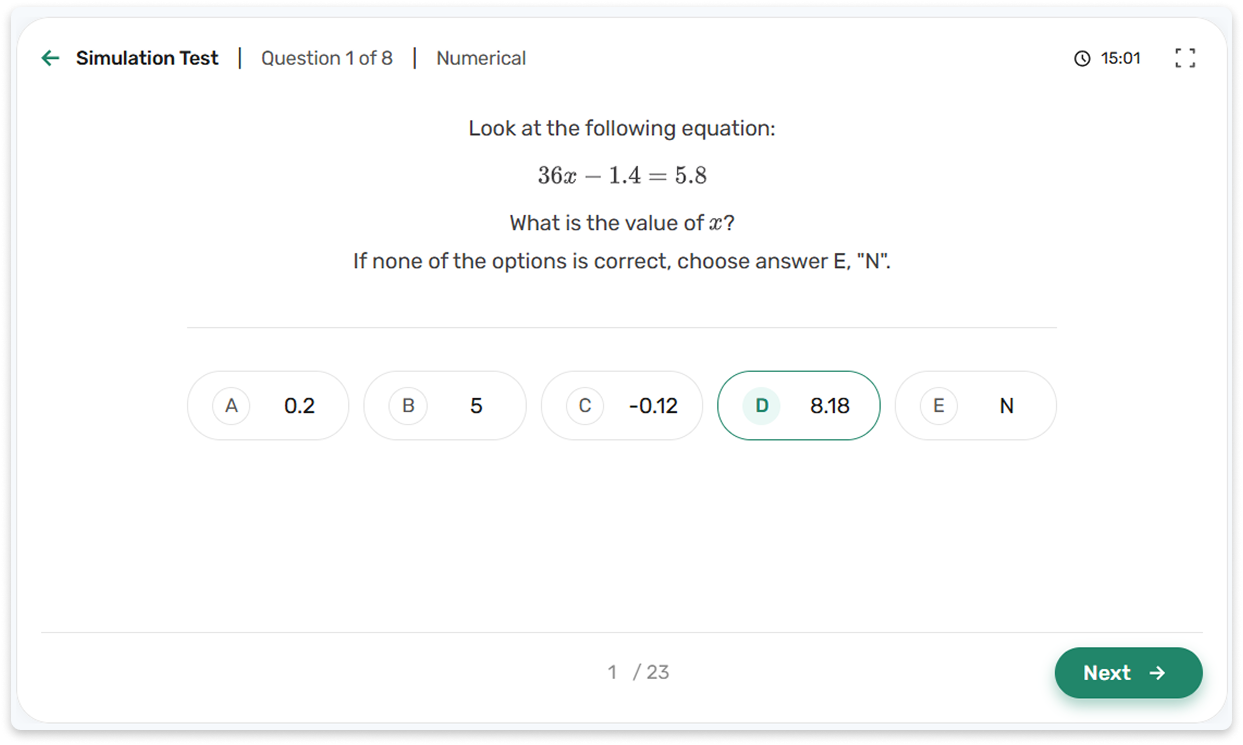 A numerical reasoning question inside a timed simulation of the IBEW Adaptive PrepPack